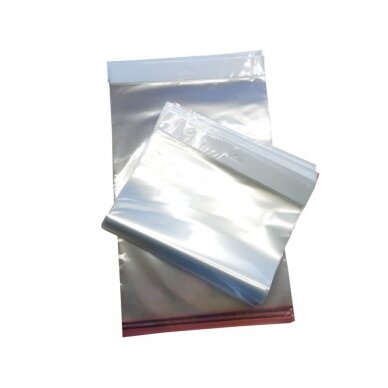 Pakabinami skaidrūs maišeliai su lipnia juostele PP 200x300+35mm